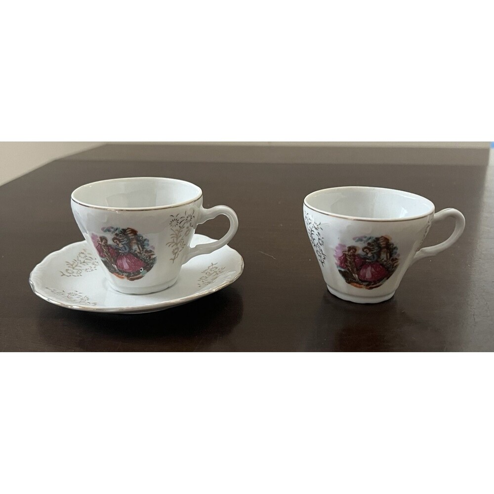 Vintage Courting Couple Demitasse 2 Cups 1 Saucer Set Japan Gold Accent